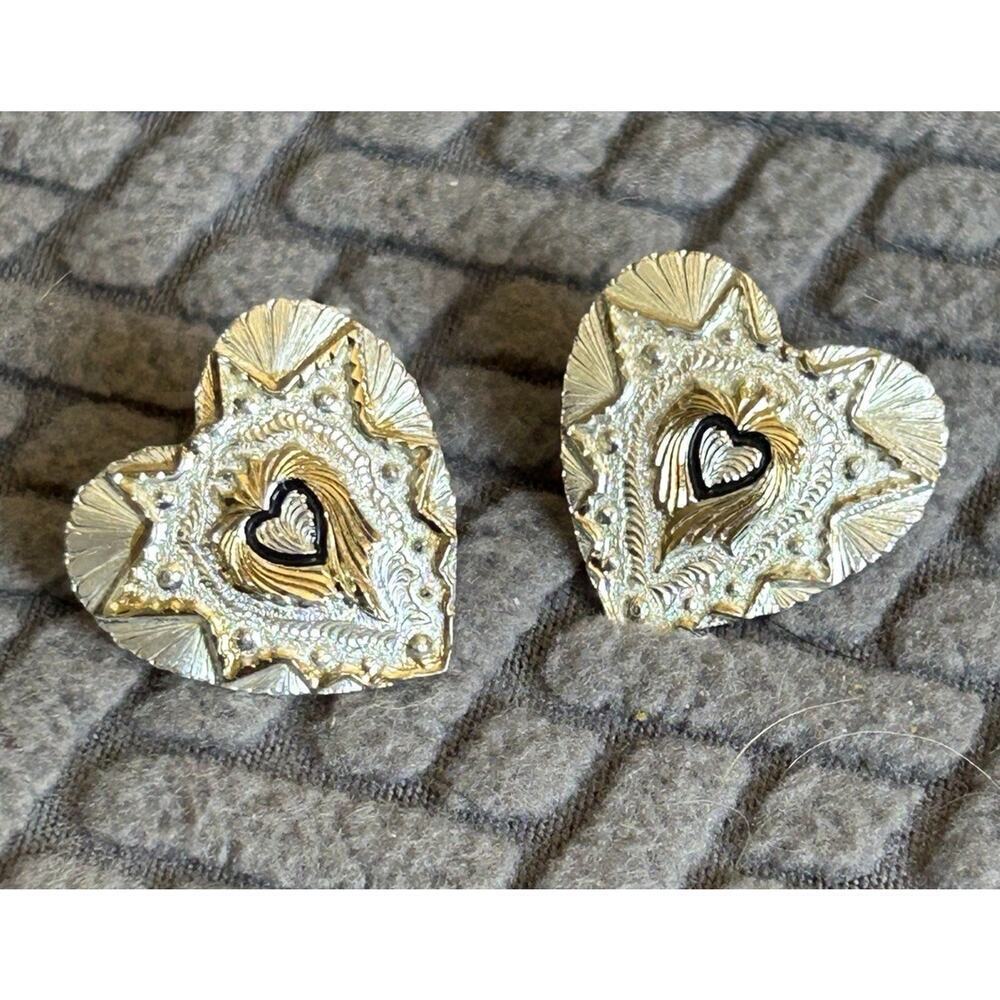 Vintage Montana Silversmiths Heart Earrings Silver Gold And Black Stud Western